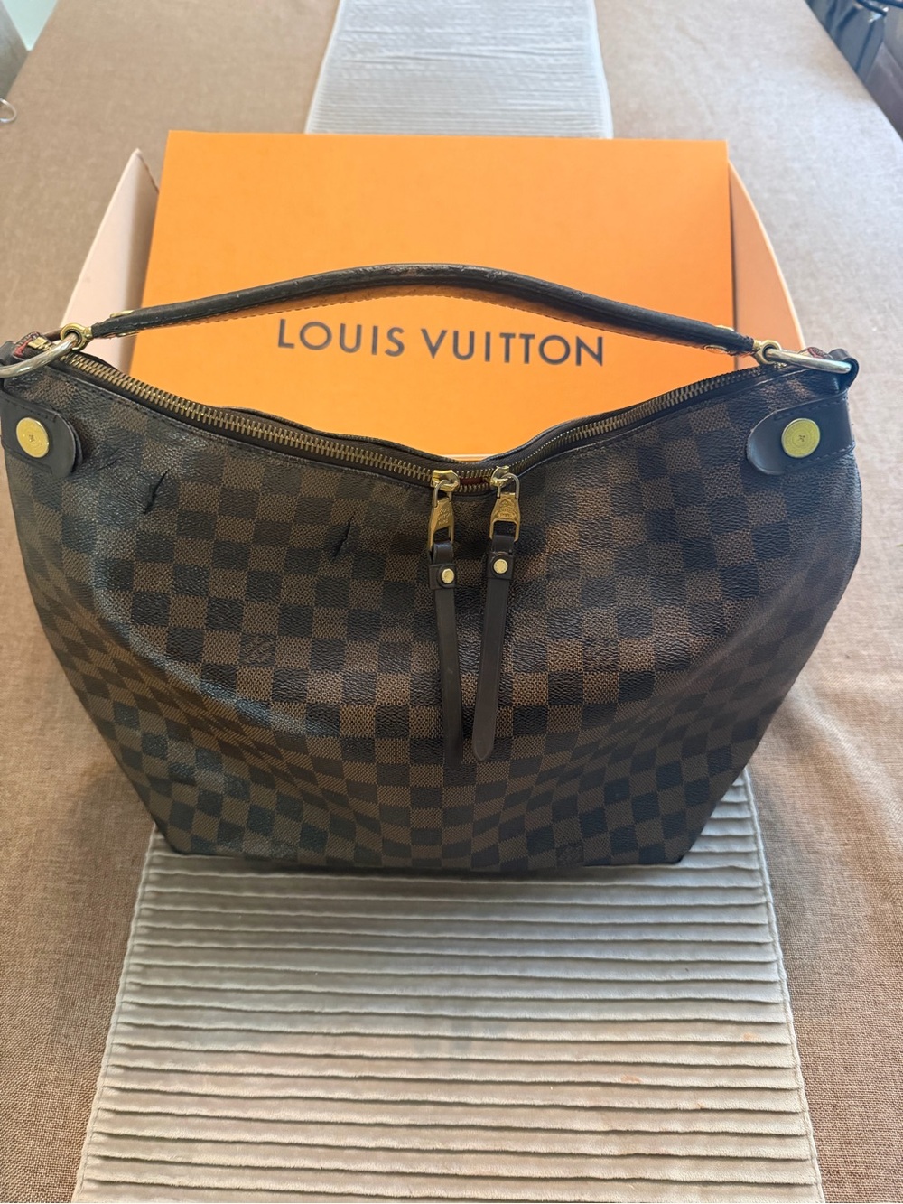 Authentic Louis Vuitton Duomo Damier Shoulder Hobo Bag in Brown